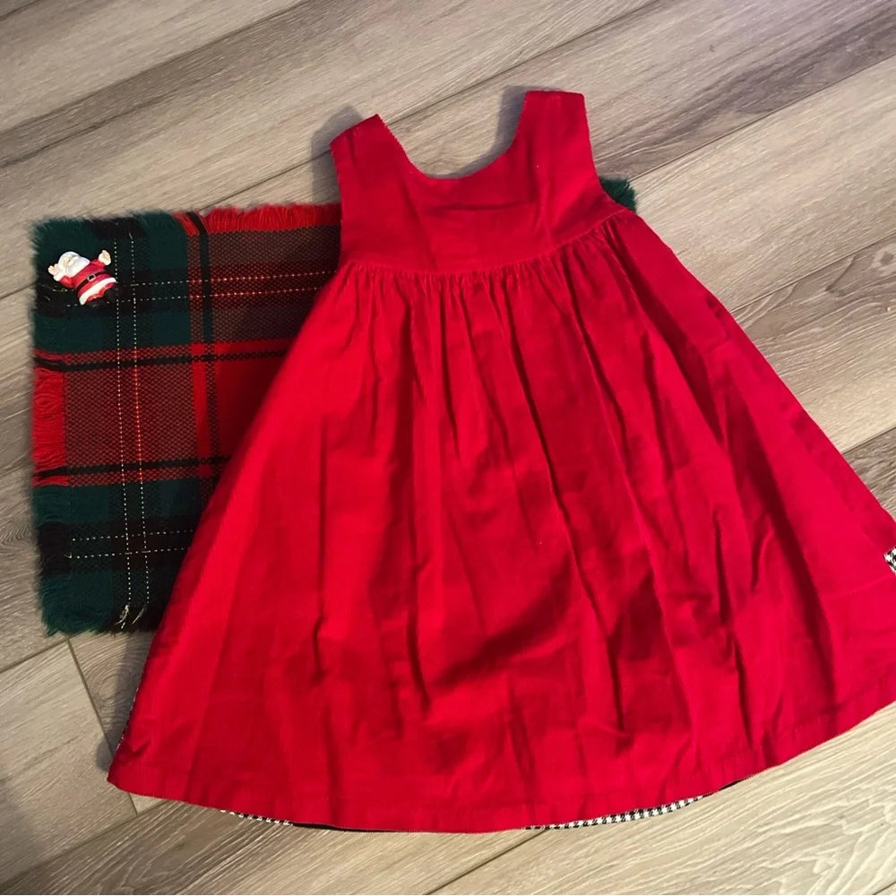 Vintage Red Corduroy Embroidered Girl 3T Dress Plaid Scottish Dog Floral Hearts - Picture 6 of 7